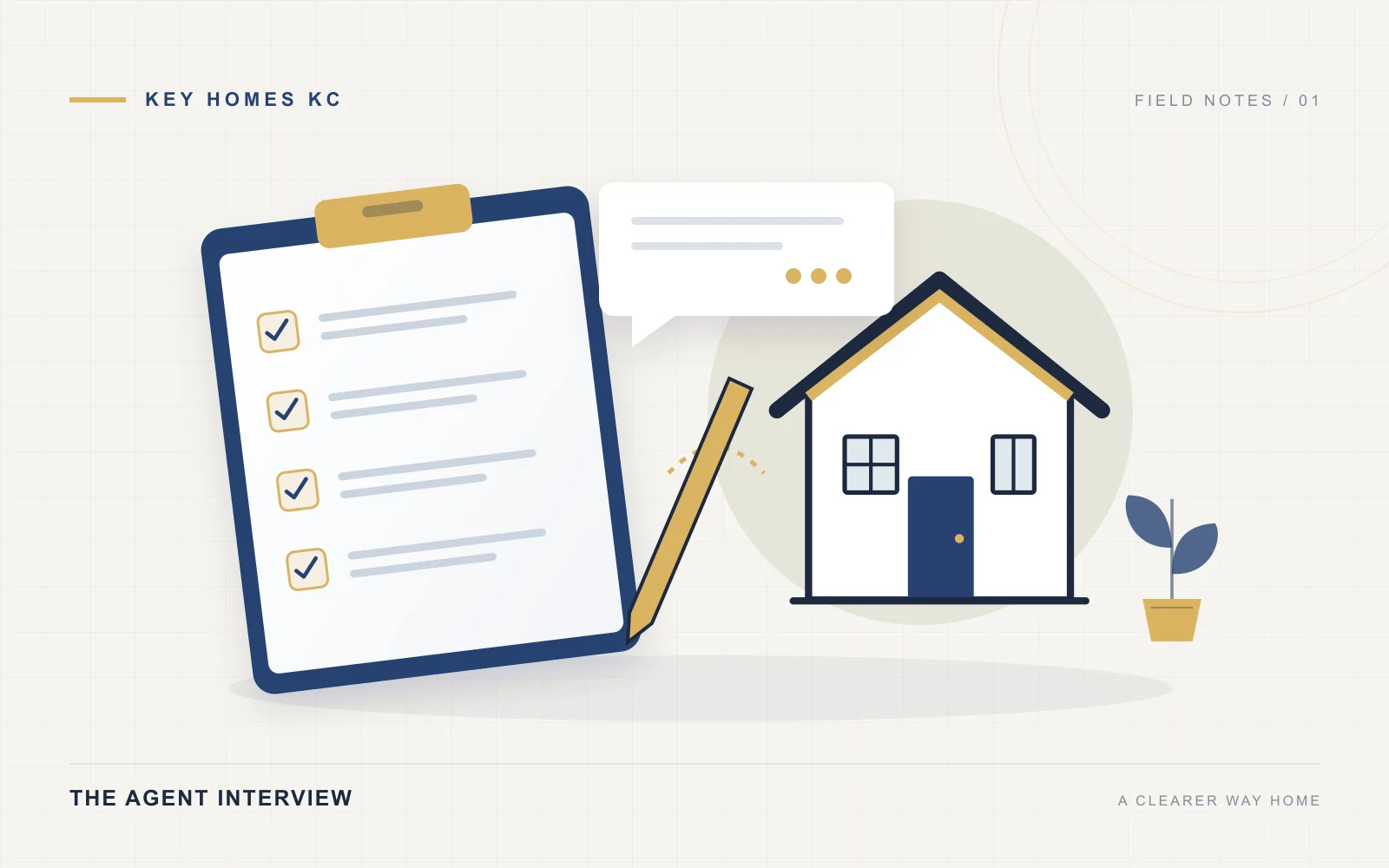 Illustration of an agent interview checklist, conversation cards and a home.