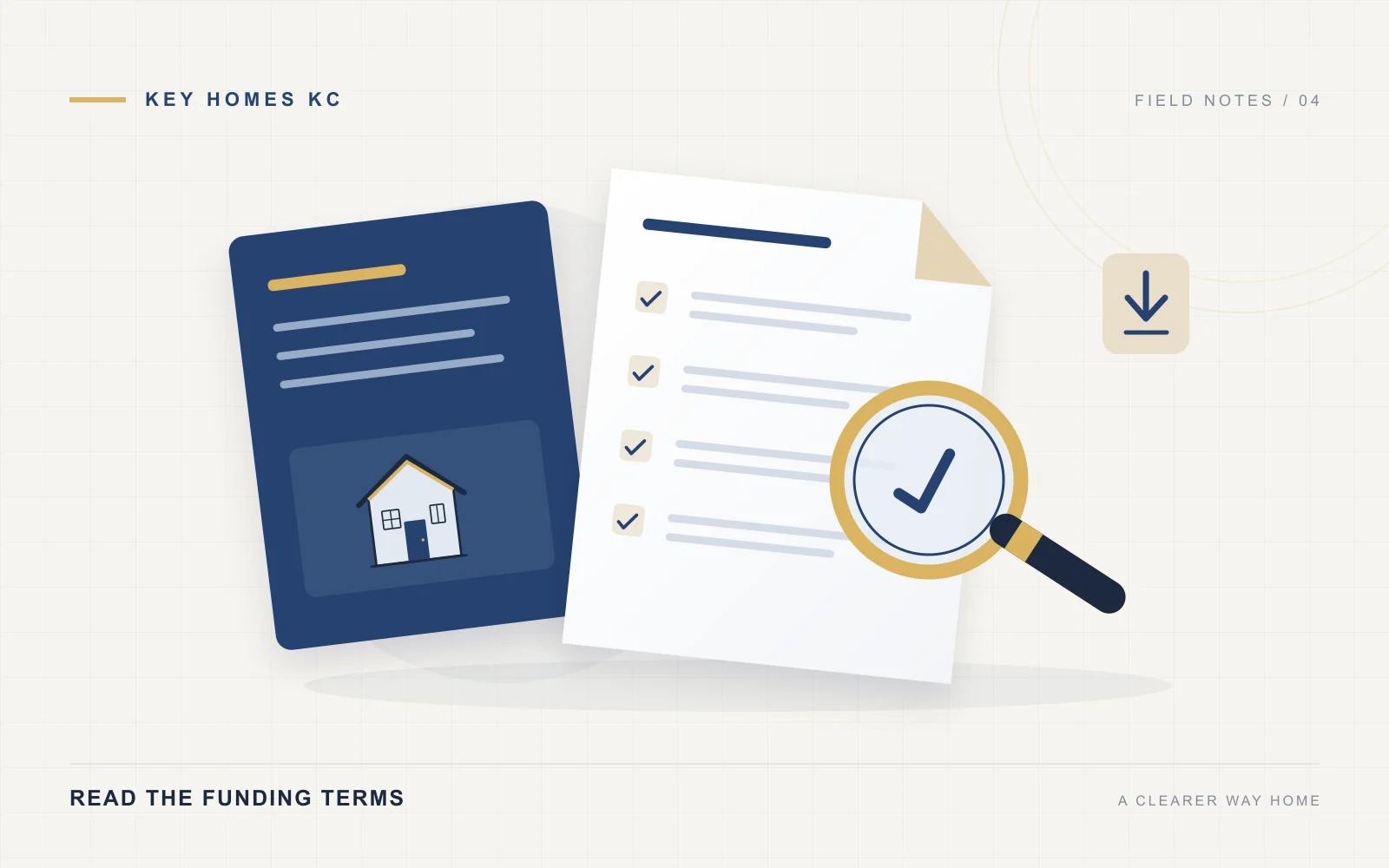Illustration of homebuyer assistance documents, a home and a checklist of funding conditions.