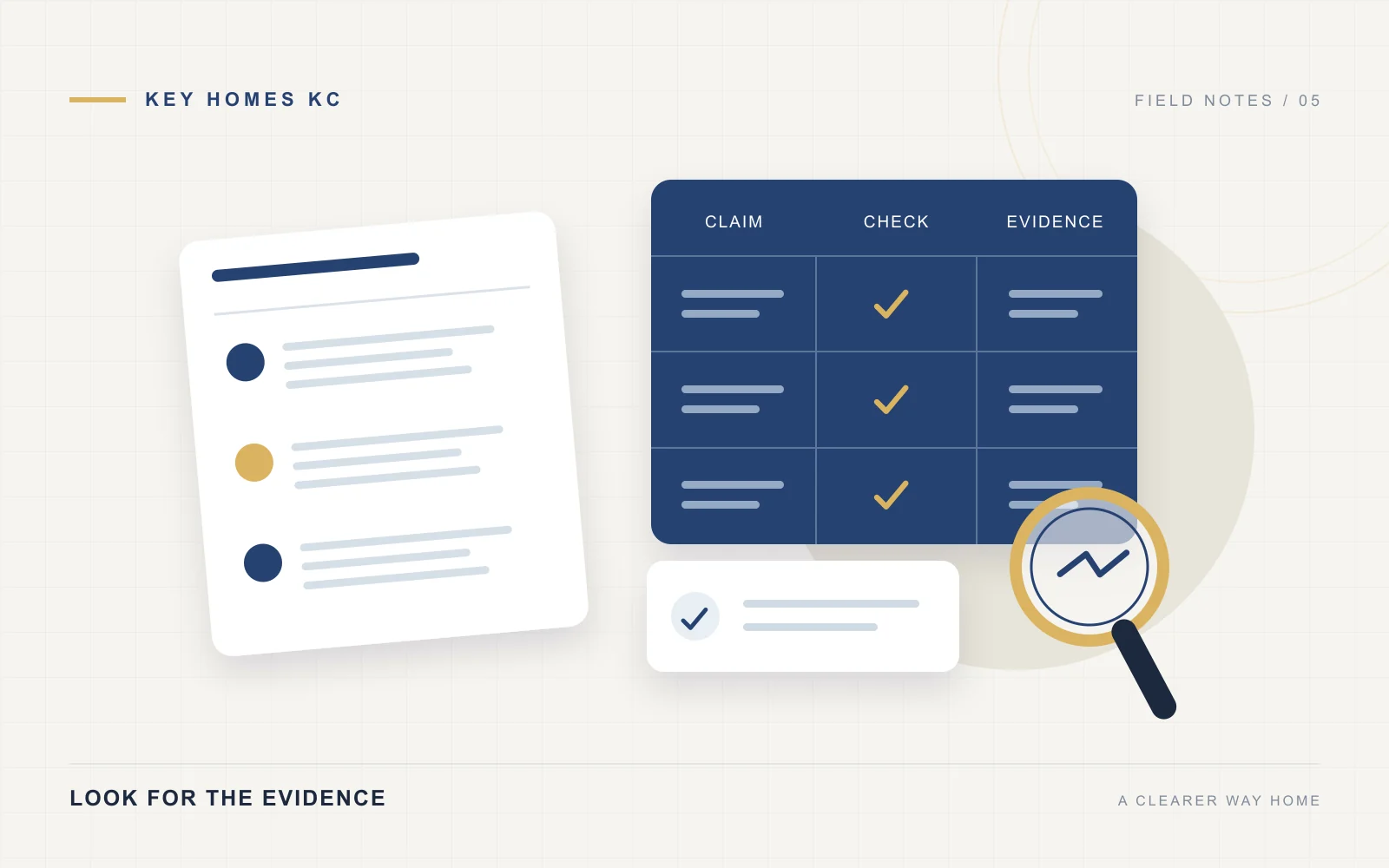 Illustration of review cards, a magnifying glass and an agent evidence comparison worksheet.